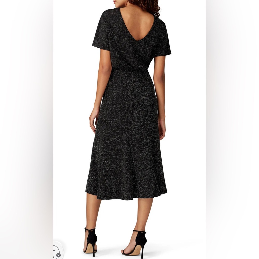 Donna Morgan Silver Metallic Knit Midi Dress with Front Slit Open Back Sz 2 - Picture 2 of 13
